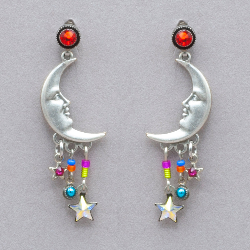 Firefly Luna Quarter Moon Post Earrings with Dangles - Multicolor