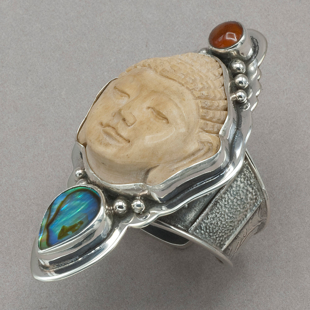 Tabra Bone Buddha with Amber and Abalone Ring