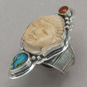 Tabra Bone Buddha with Amber and Abalone Ring