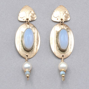Tabra Vintage Pearl and Chalcedony Gold Earrings